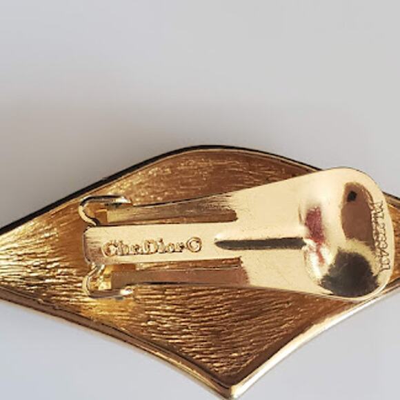 VTG Christian Dior Earrings Gold Plated‎ Black Enamel Crystal Large Clip-On 80's - Picture 5 of 6